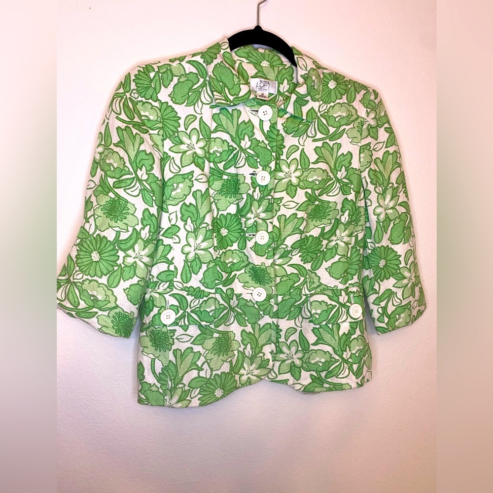 Vintage Ann Taylor Green Flower Blazer Jacket Buttonup, Size 4P